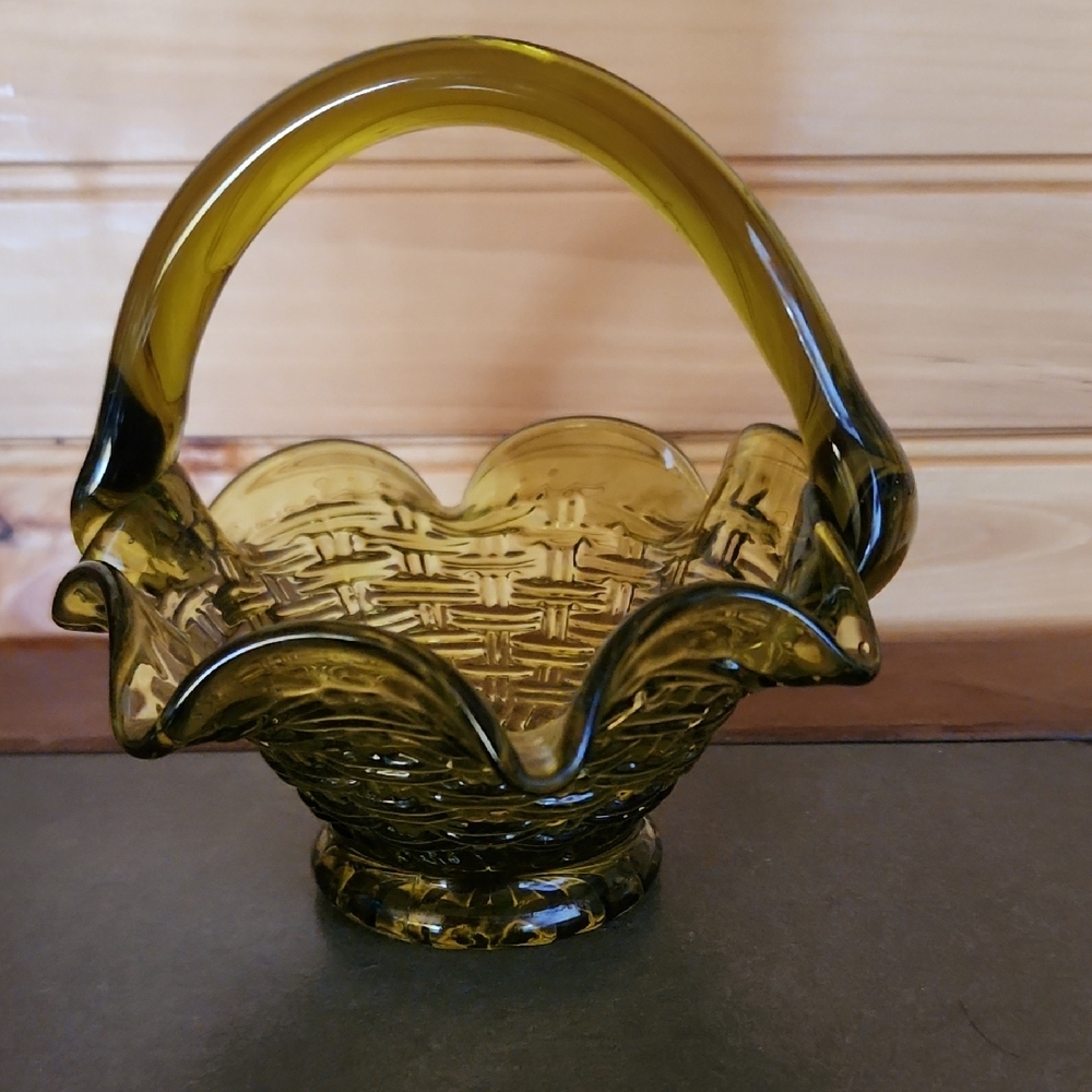 Source Unknown Green Glass Art Basket with Ornate Design